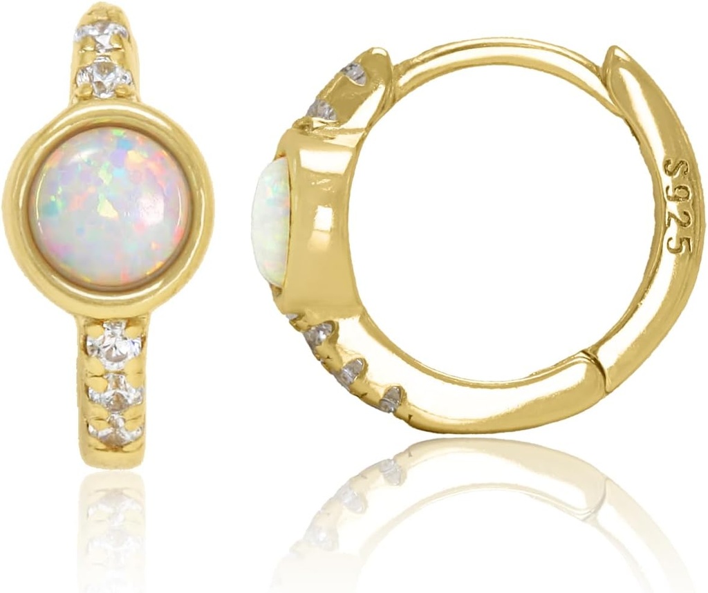 14K Gold Plated 925 Sterling Silver Menciptakan White Opal Huggie Hoop Earrings