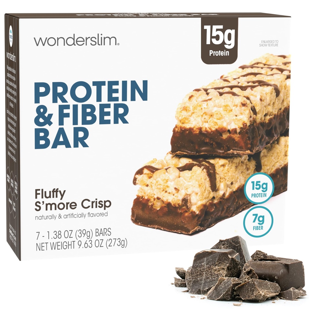 Wondersle High Fiber Protein Bars, Fluffy S 'more Crisp 124; 15g Protein, 8g Fiber 124; Low Sugar, Low Carb 124; Heally Indulgence 124; Memuaskan, Menyediakan Energi & OntheGo Konvenience, 7 Pack