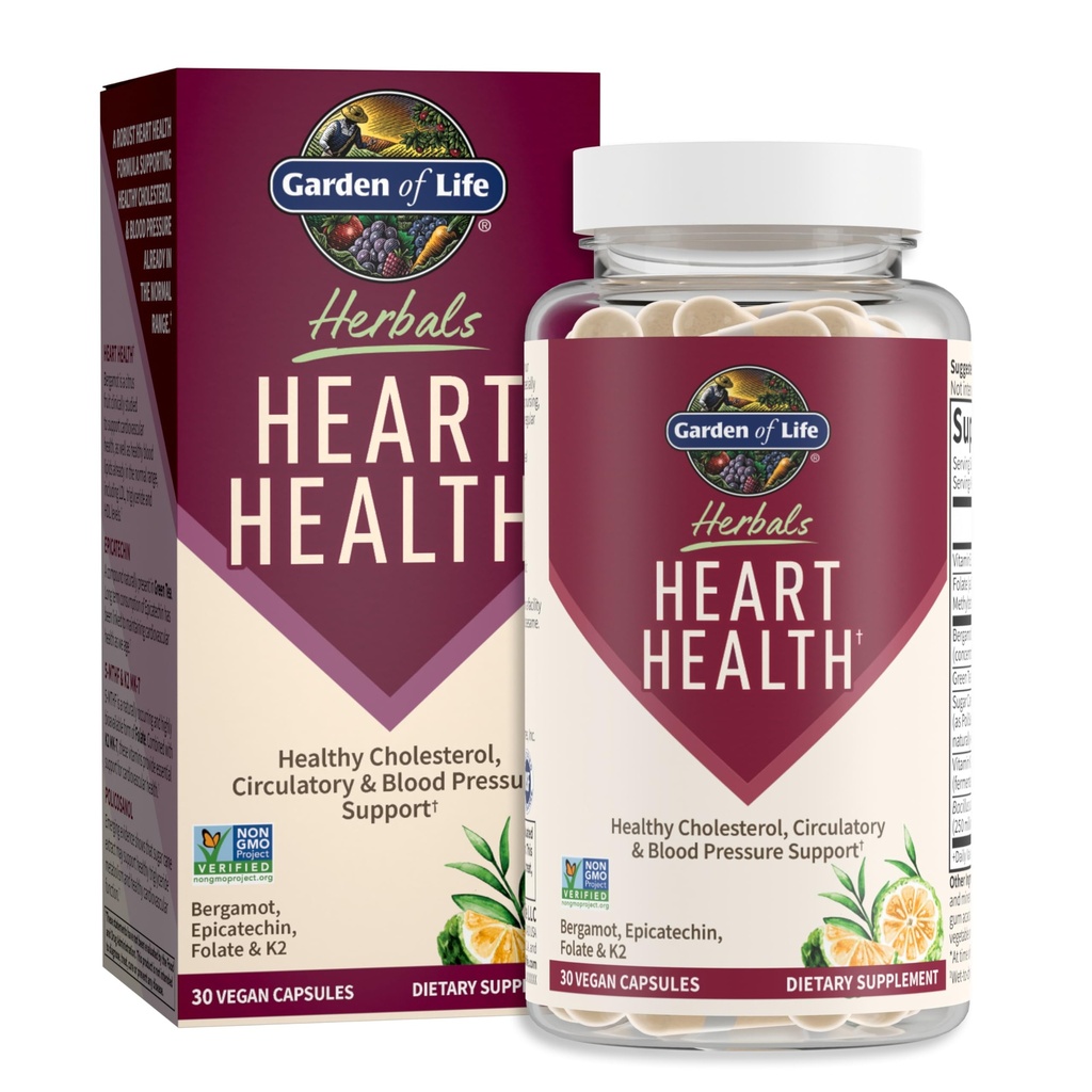 Garden of Life Herbals Heart Health Supplement with Flolate, Bergamot, Green Tea & Vitamin E & K for Cholesterol, Circulation & Blood Support, Non-GMO, Gluten- Free, Citrus Flavor, 30 Servings