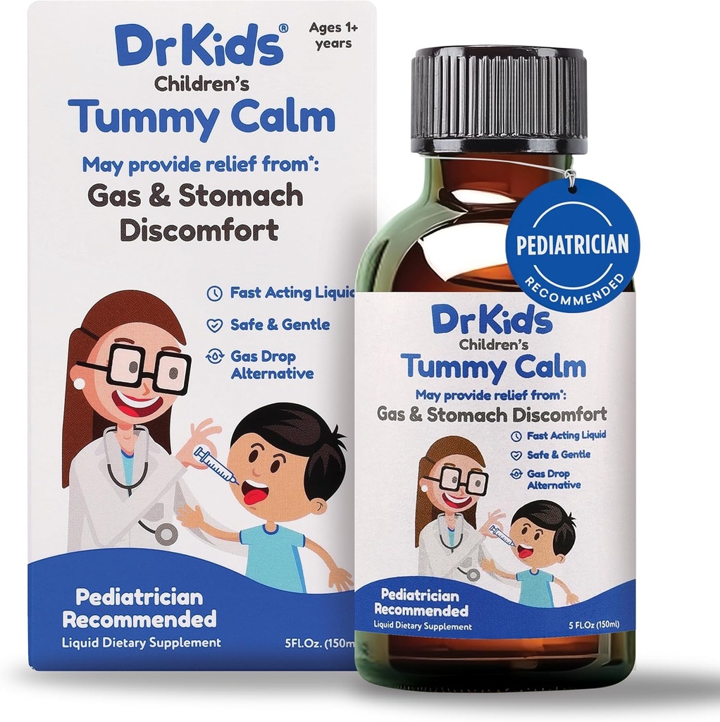 Tummy Calm Dr. Kids Gas Relief & Upset Stomach Dukungan, Tabrakan Gas Alternatif untuk Newborns & Anak-anak, Solusi Oral Aman dan Lembut, Bantuan Konstilasi Alam, 5 Fl Oz (Paket 1)