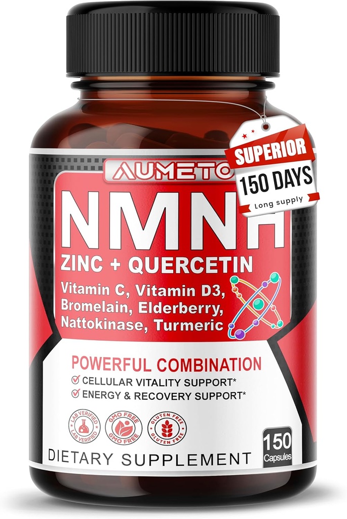 NMNH 600 mg dengan Zinc, Quercetin, Vitamin D3, Elderberry & Nattokinase - Daily Cellular Wellness & Heally Aging Support - 150 Capsules - Made in USA