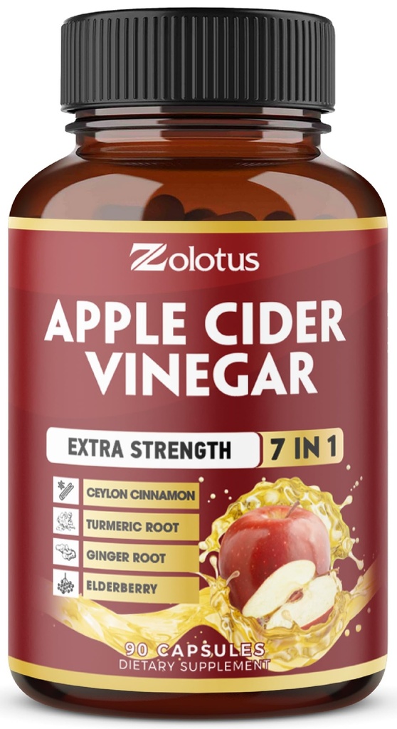 Zolotus 7 dalam 1 Apple Cider Vinegar Capsules, 3 Bulan Supply dengan Cinnamon Ceylon, Ginger Root, Turmeric, Elderberry untuk Pasokan Dibuble, Ammune, 90 Capsules