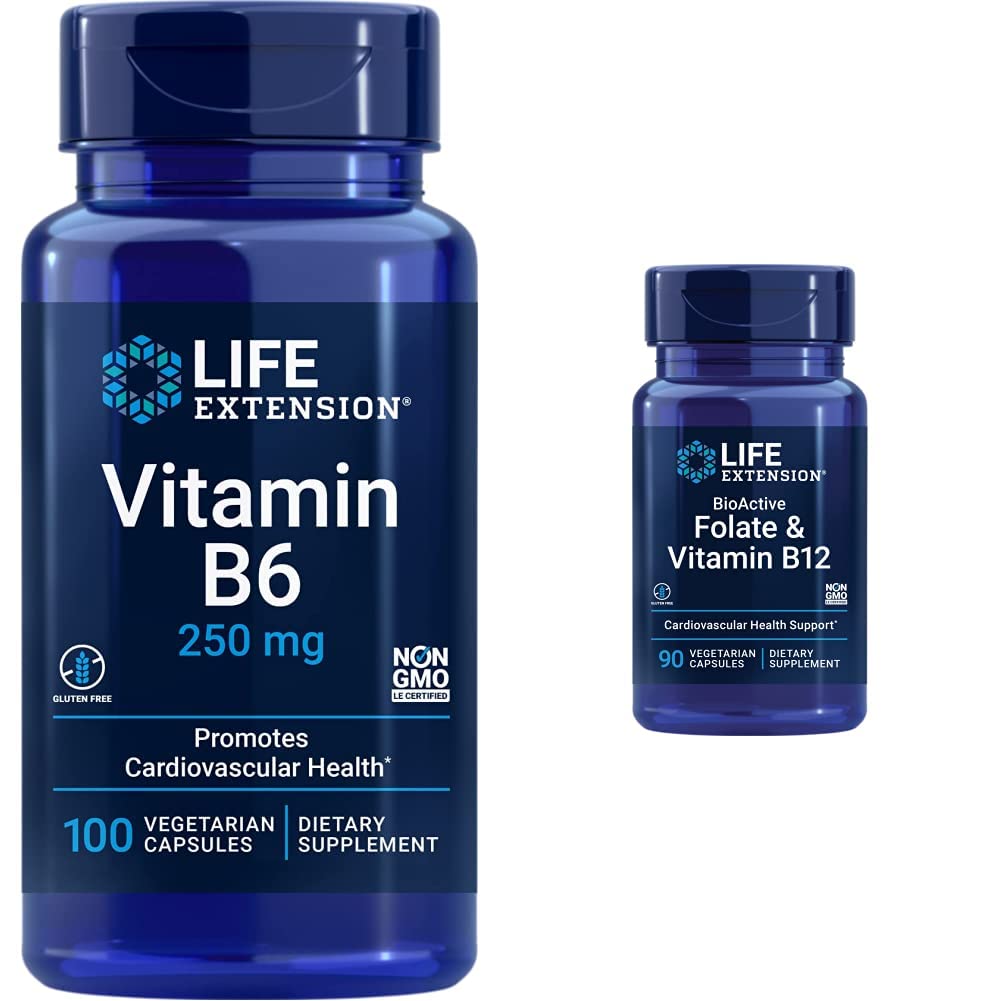Extension Vitamin B6 250 mg, 100 Vegetarian Capsules & Folate & Vitamin B12, Vegetarian Capsules, White, 90 Count