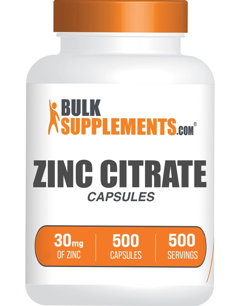 BulkSuplements.com Zinc Citrate Kapsul - Suplemen Zinc, Gluten Free - 30mg per Serving, 1 Capsule per Serving, 500 Cacah (Paket 1)