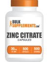 BulkSuplements.com Zinc Citrate Kapsul - Suplemen Zinc, Gluten Free - 30mg per Serving, 1 Capsule per Serving, 500 Cacah (Paket 1)