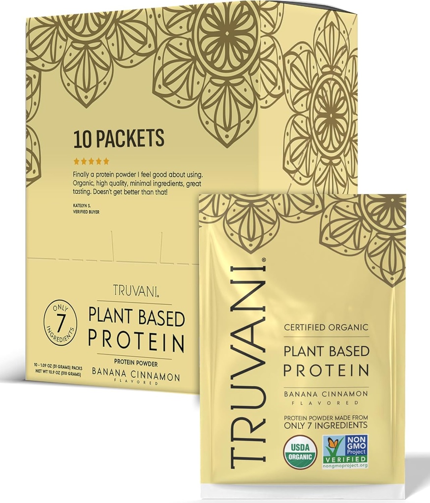 Truvani Vegan Protein Powder 124; Pisang Cinnamon 124; 20g Organic Plant Based Protein 14; Travel Serving Tunggal 134; 10 Servings 124; Keto 124; Gluten & Dairy Free 124; Low Carb 124; Tidak Ditambahkan Sugar