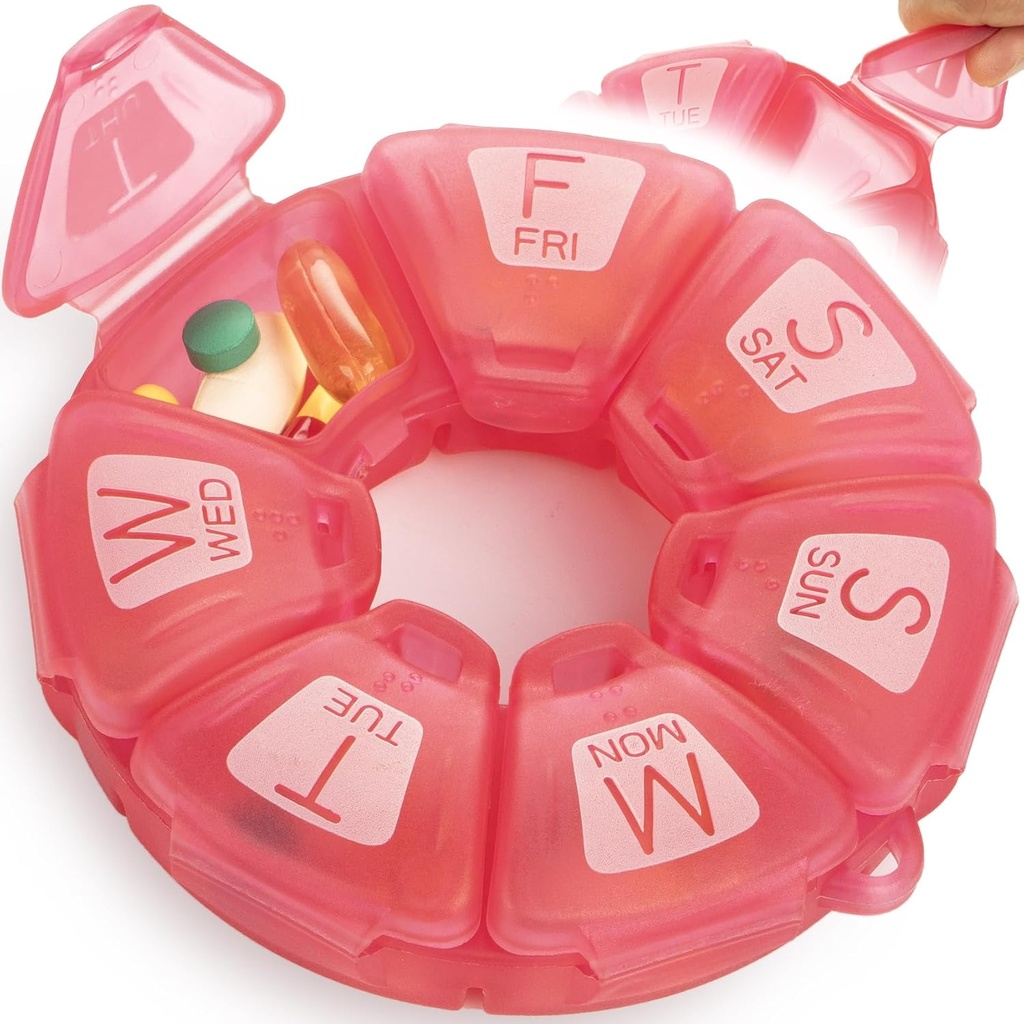 Round Weekly Pill Organizer, TPU Rubberized, Travel Pill Container 7 Day, with 7 Large Comments, Great for Daily Vitamin & Suplemen, Cute Pill Case with Large Letters and Braille (Rose)