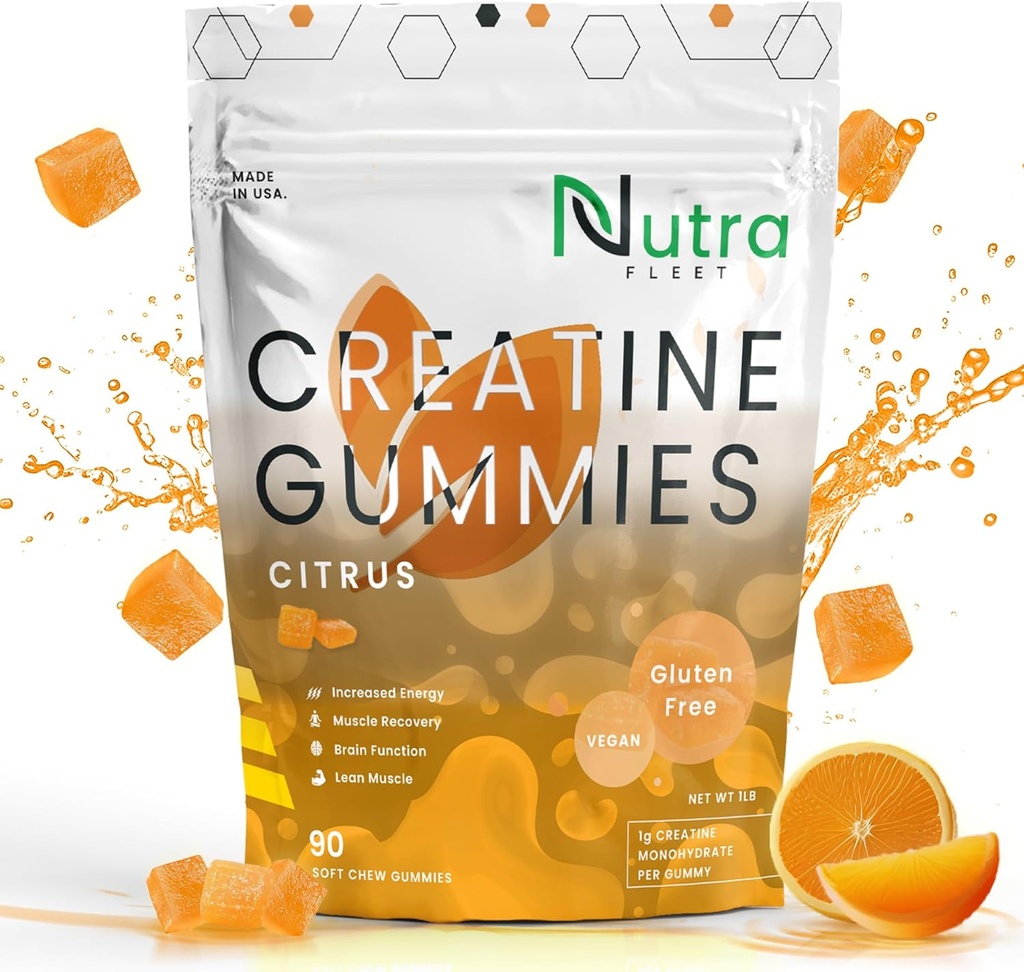 Creatine Monohydrate Gummies - 5g chewable Monohydrate gummy for Men & Women - Increate Strength, Muscle building - Boosts Energy & Focus - kalori rendah, Vegan & Gluten gratis 124; 90 count Citrus