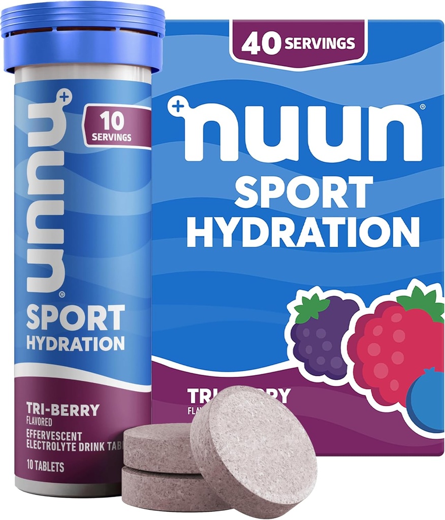 Nuun Sport Electrolite Tablet dengan Magnesium, Kalsium, Potasium, Chloride & Sodium, Gluten Free & Vegan, Tri- Berry, 4 Pack (40 Servis Total)