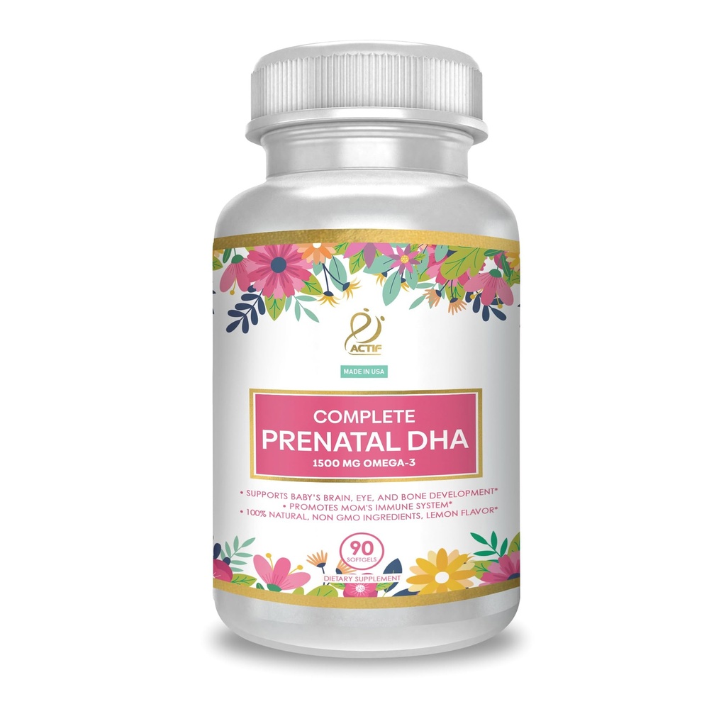 ACTIF Complete Prenatal DHA with 1500mg Omegaga- 3, 100% Natural, Organic DHA, EPA - Non- GMO, 90 Count