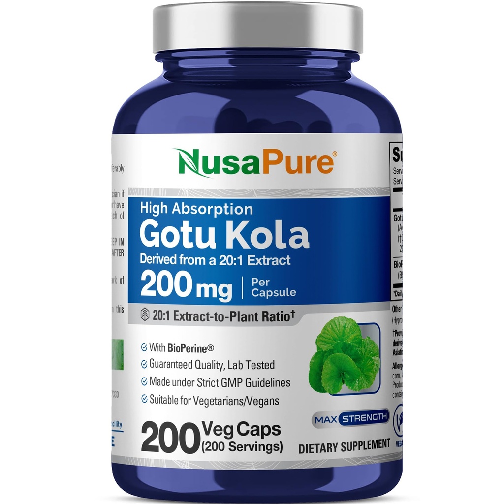 NusaPure Gadu Kola Capsules 20: 1 Ekstrak, 200 mg Equilivalen ke 4000mg Per Veggie Caps, 200 Count, Non-GMO, Vegan, Bioperin - Ekstrak Tradisional Herb