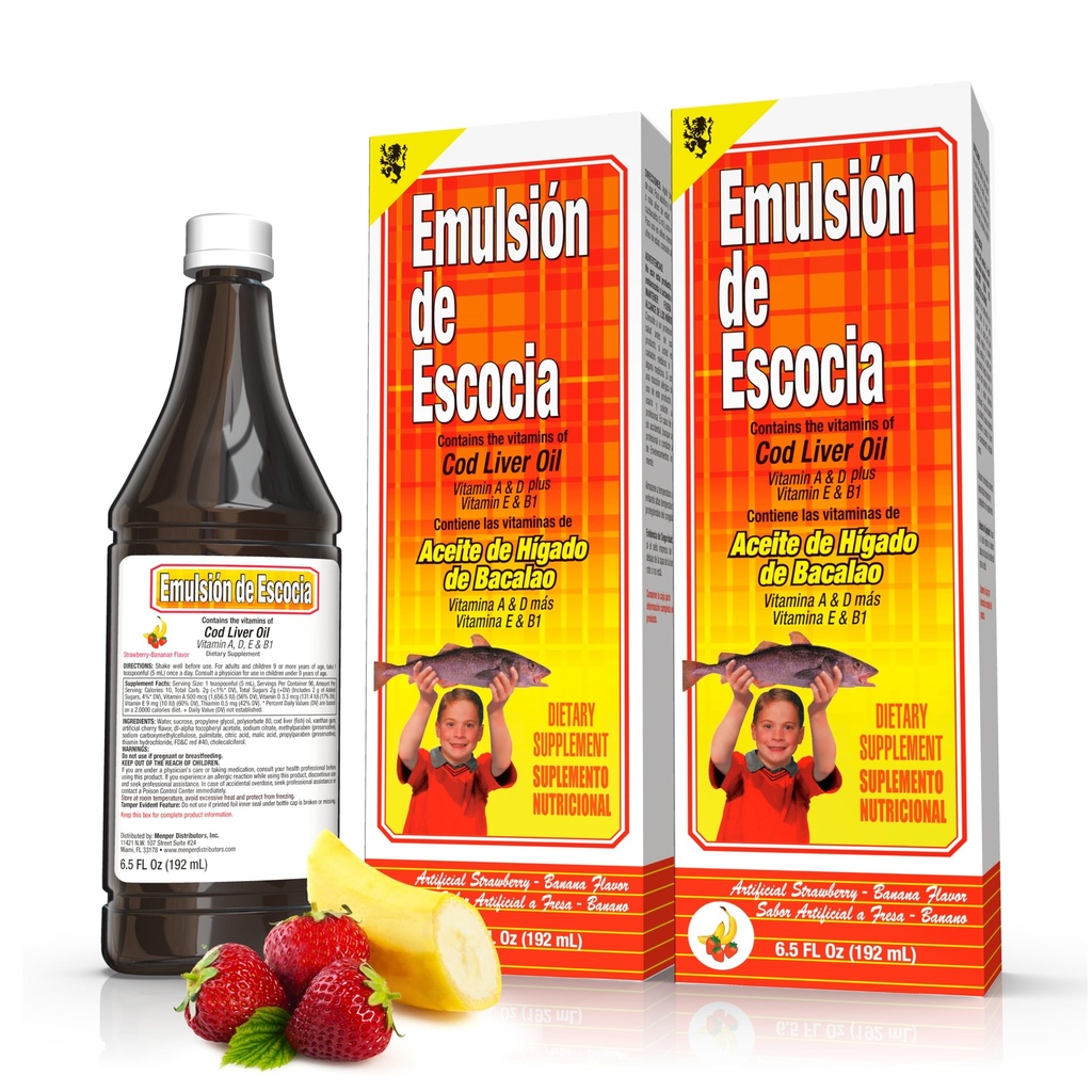 Emulsión de Avercia Cod Liver Oil Suplemen dengan Vitamin A, D, E & B1 - Natural Fish Oil Omega 3 untuk Anak-anak & Dewasa - Flavor strawberry Banana yang lezat - 6,5 oz (2- Pack)
