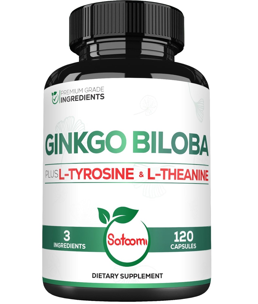 1000mg Ginkgo Biloba Suplemen dengan L-Tyrosine, L-Theanine - 120 Capsules untuk Persediaan Dua Bulan - Dukung Fokus, Fungsi Mermory, Kualitas Kesehatan Otak & Vision