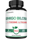 1000mg Ginkgo Biloba Suplemen dengan L-Tyrosine, L-Theanine - 120 Capsules untuk Persediaan Dua Bulan - Dukung Fokus, Fungsi Mermory, Kualitas Kesehatan Otak & Vision
