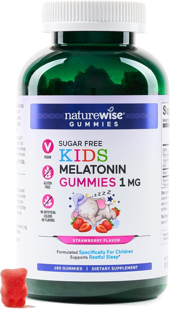 NaturreWise Kid melonatin 1 mg Sugar- Free Gummies for Children Ages 4 & Up - Non-Habit Forming Sleep Aid - Strawberry Flavored - Vegan, No Gluten, Non-GMO - 180 Menghitung [6- Bulan Supply]