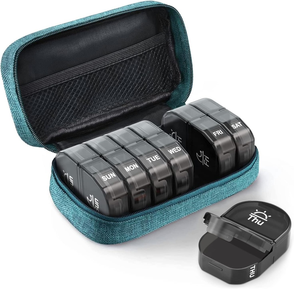 AUVON Canvas Bag Travel Pill Organizer 2 Kali sehari, Large AM / PM Kotak Pil Mingguan 7 Hari Kasus dengan Portable Cyan Zipper Cloth untuk Penahan Suplemen, Vitamin dan Minyak Ikan