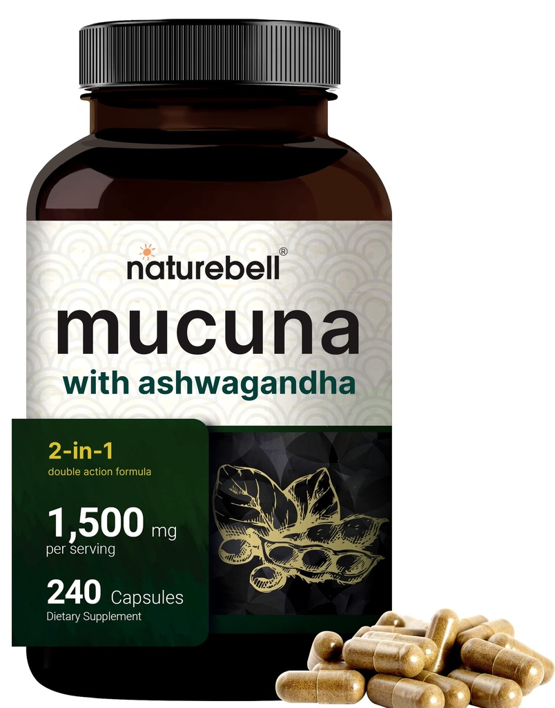 Mucuna Pruriens Capsules, Triple Power 1500mg Per Serving, 2 in 1 Formula, Dibuat dengan Mucuna dan Ashwagandha, 240 Capsules, Scan Extract, Positive Mood, Relaxation & Reporasi Dukungan