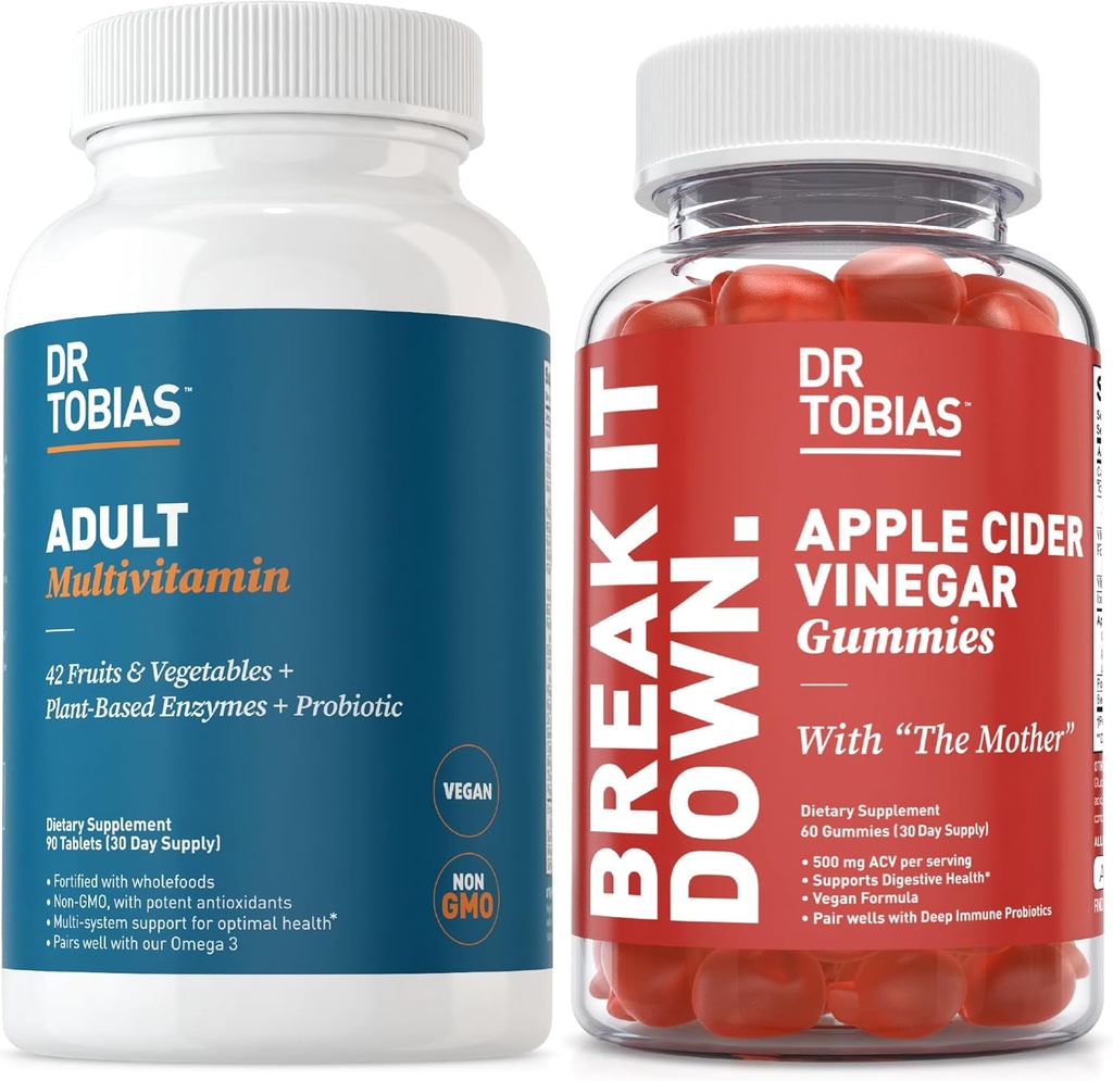 Dr. Tobias Adult Multivamin & Apple Cider Vinegar Gummies, Supports Energy, Immunity & Gut Health, dengan 42 Fruits Plus Vegetable Plus Programs, Cludes The Mother, Fololate, B12