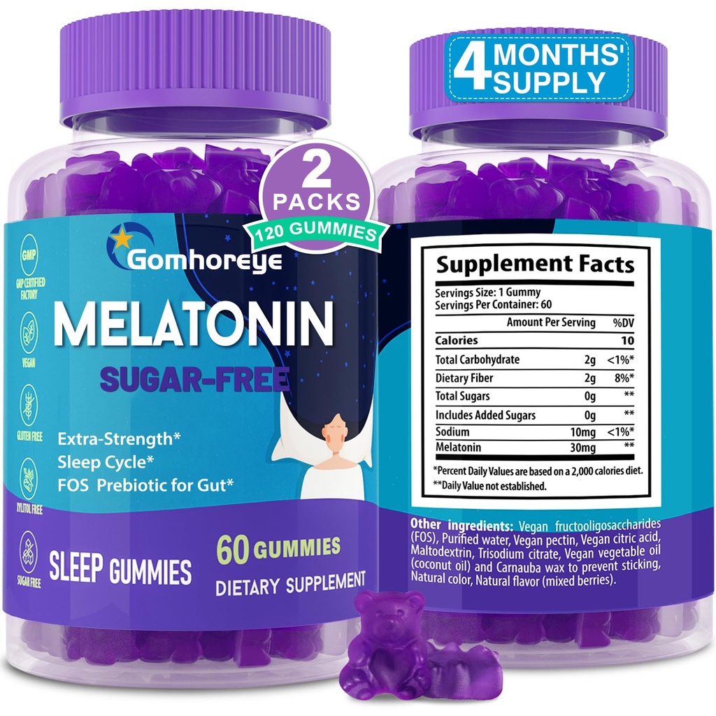Melonasin Gummies 30mg for Dewasa - Maksimum Kekuatan Meltonalin Gummies untuk Relaxation & Soothing, Exogenous Melonaciin Suplemen dengan FOS untuk Imune, Gut Health and pH Balance, Sugar Free -120 Counts