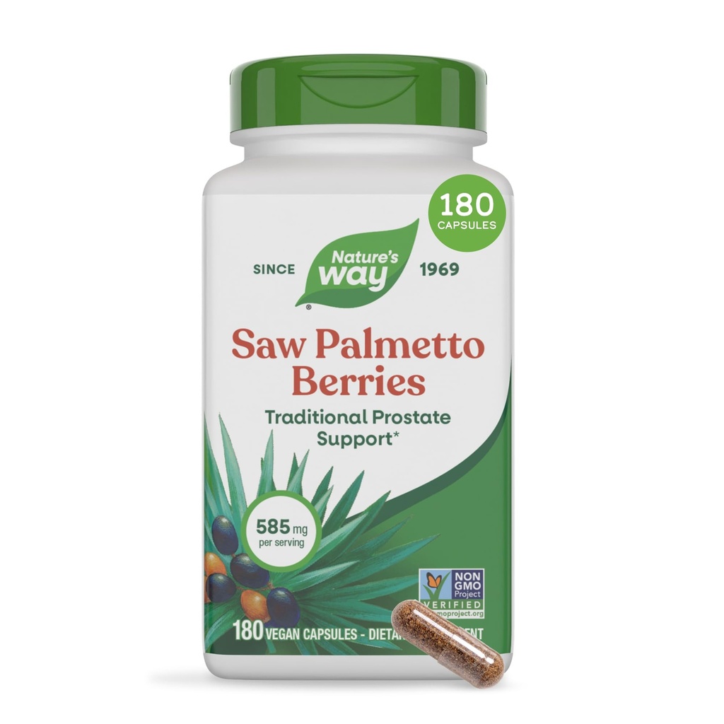 Nature 's Way Saw Palmetto Berries, Tradisional Prostat Support *, 585 mg per laying, Non-GMO Project Verified, Vegan, 180 Capsules
