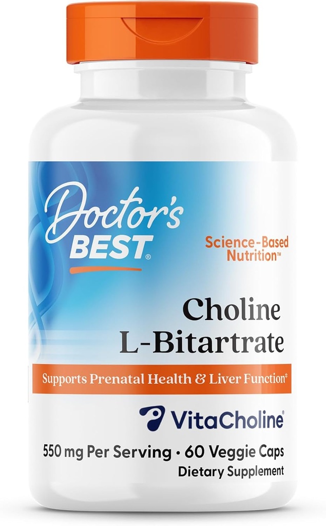 Choline Terbaik Dokter L- Bitarcrat (Vitacholine), Mendukung Fungsi Kesehatan & Hati, Bukan-GMO, Gluten Bebas, Bebas Soy, Vegan 60 Veggie Caps