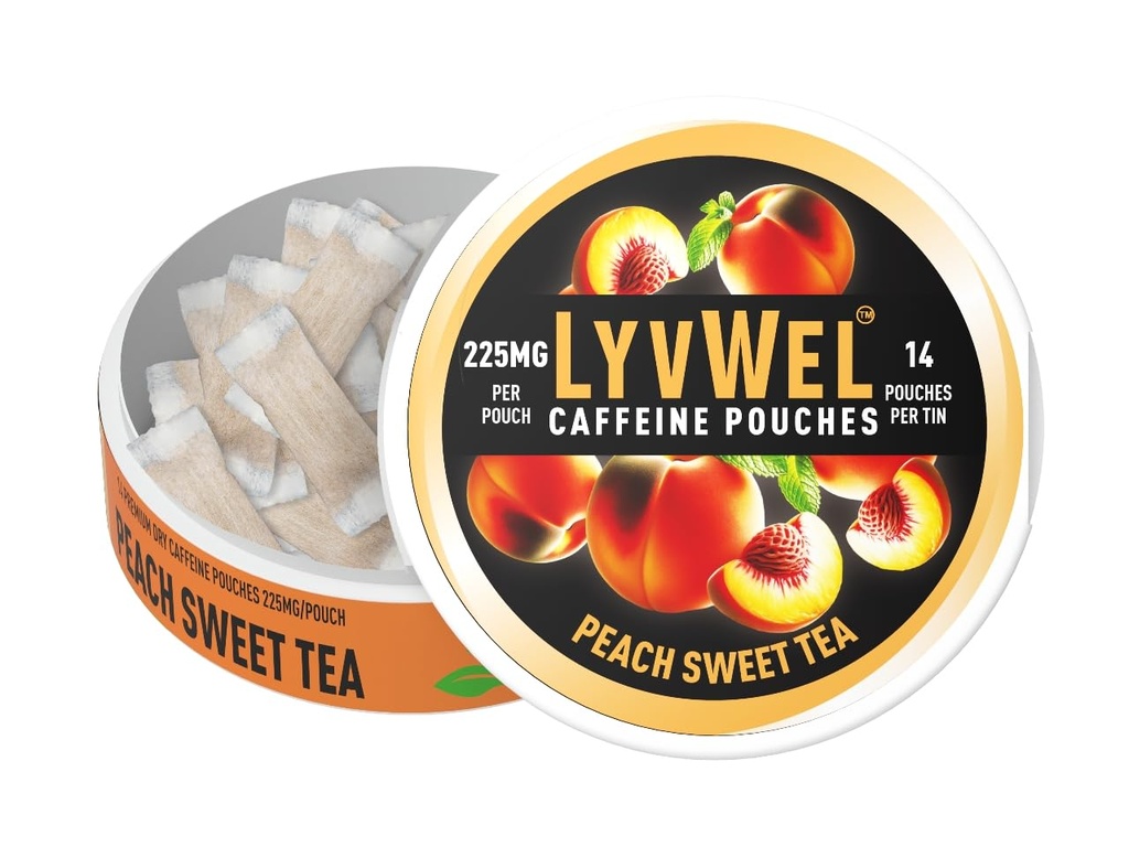 LyvWel Ultra Caffeine Pouch - Peach Sweet Tea - 225mg Natural Caffeine dengan Guarana - Clean Energy for Focus & Mood - 1 - Pack (15 Pouches)
