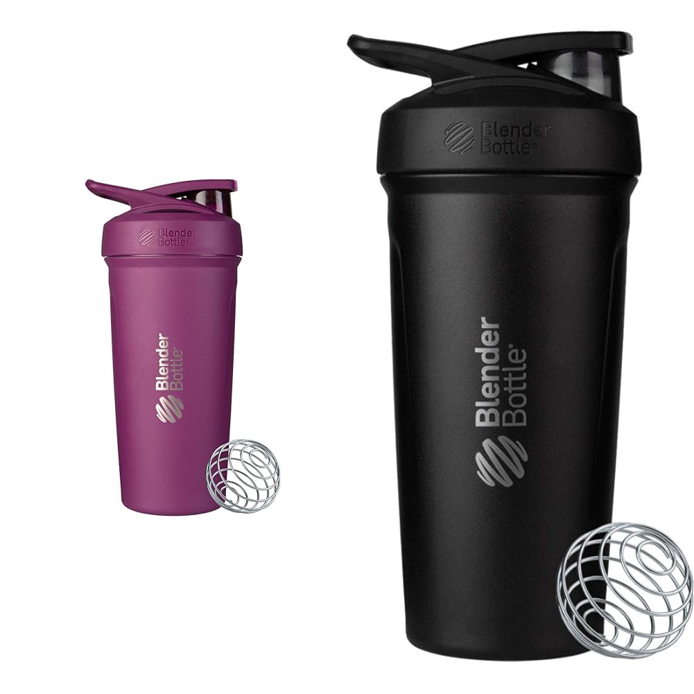 BlenderBottle 24- Ounce Stainless Steel Shaker Cups with Wire Whilk, Plum and Black