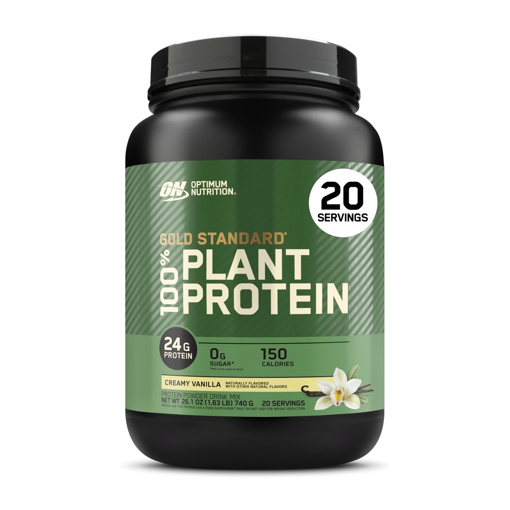 Optimum Nutrition Gold Standard 100% Plant Based Protein Powder, Gluten Free, Vegan Protein untuk Dukungan Otot dan Pemulihan dengan Amino Accids - Creamy Vanilla, 20 Pelayan (Packing May Vary)