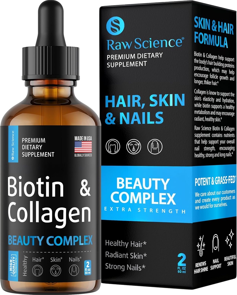 Liquid Collagen & Biotin Suplemen Pertumbuhan Rambut - Biotin 1000mcg Collagen Peptides 20000mcg Drops - Rambut Vitamin untuk Rambut Kehilangan Perempuan & Pria, Skin dan Nail Strengthener - Dibuat di Amerika Serikat, 2 floz