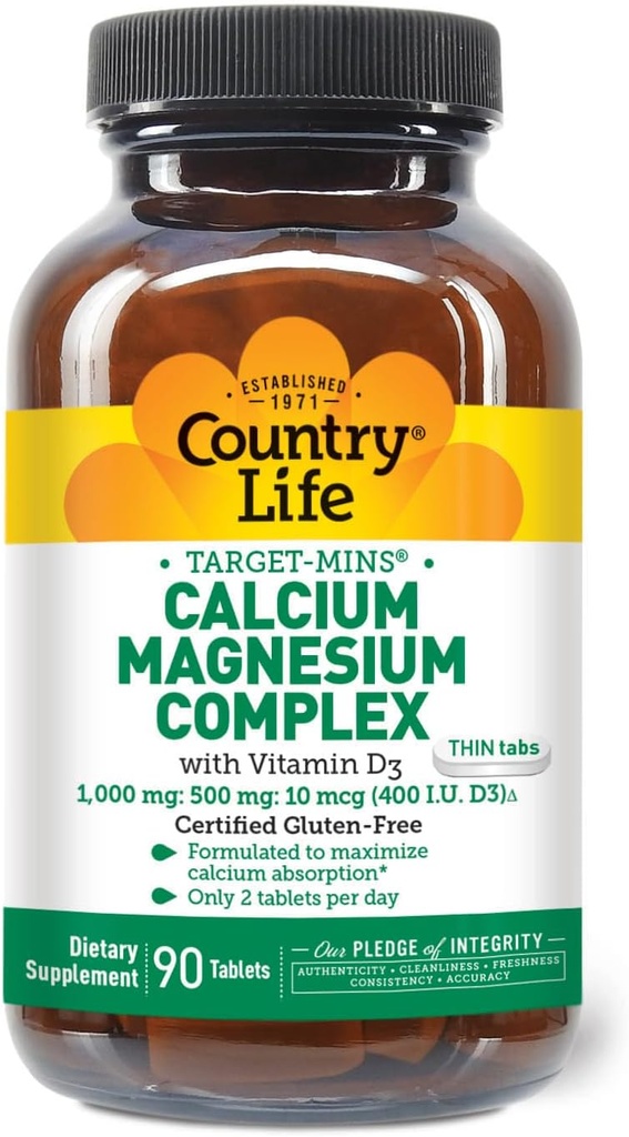 Country Life Target- Mins Kalsium Magnesium dengan Vitamin D- Complex, 100mg / 500mg / 10mcg, 90 tablet, Cerdened Gluten Bebas, Ceraded Vegetarian