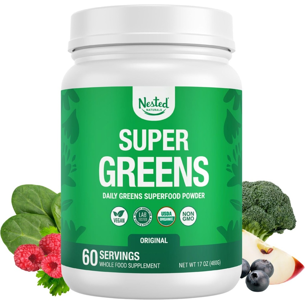 Bubuk super makanan super segar harian - Sertifikasi USDA Organic Green pooder w / 20 + Whole Foods, Spirulina Powder, Wheat & Barley Grass - Prograce, Fiber & Enzymes - Original Flavor, 60