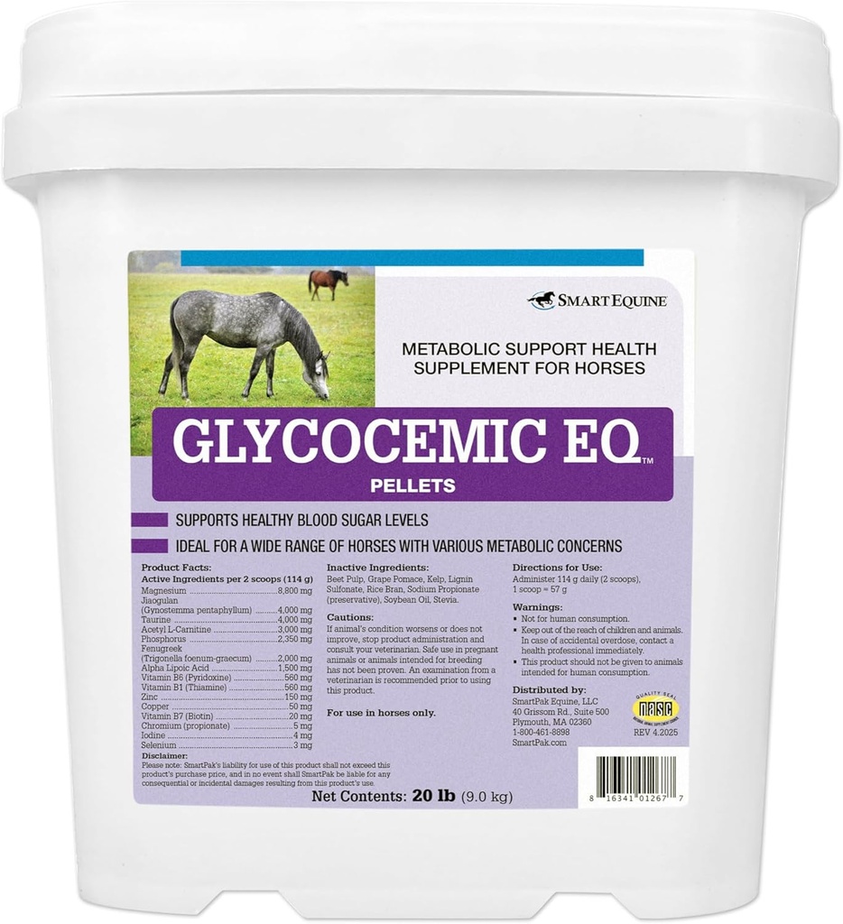 Glycocemic EQ Pellets 124; Equine Metabolic Dukung, 124; untuk Thyroid Fungsi dan Berat Wheally Dukungan 124; Taurine, Jiaogulan, dan Lebih 124; 20 Lb Bucket