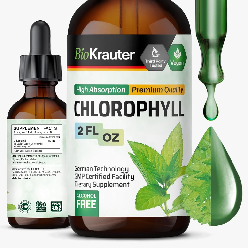 BIO KRAUTER Clorophyll Drops - Cleanse & Imune Dukung - Internal Deodorant - Sodium Copper Chlorophillin Extraction Supplement - 2 fl oz