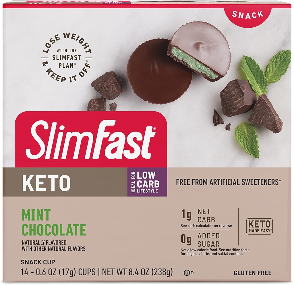 SlimFast Keto Fat Bomb Snack Cup, Mint Chocolate, Keto Snacks for Weight Loss, Loss Rendah Carb dengan 0g Ditambahkan Sugar, 14 Count Box (Packing May Vary)