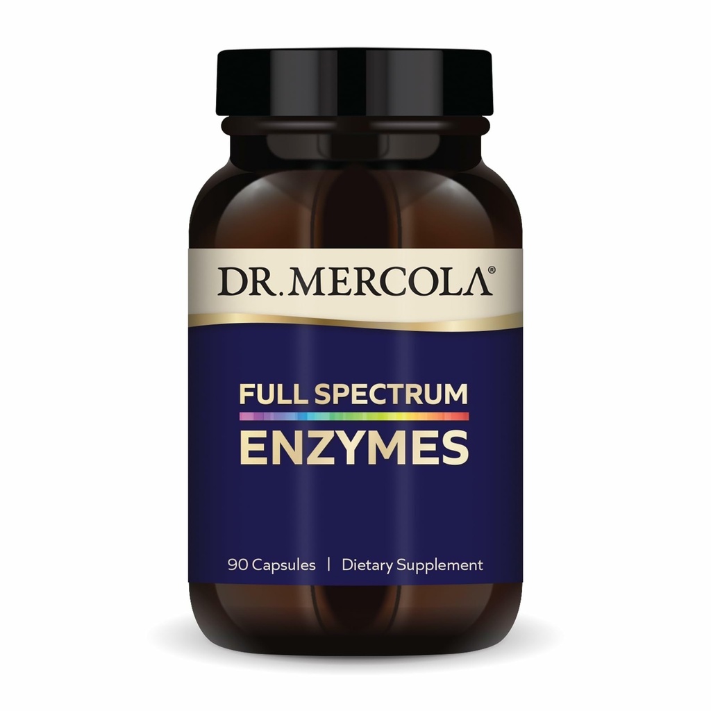 Dr. Mercola Full Spectrum Enzymes - 22 Different Enzymes - Support Digetical & Ammune Health - Helling Digest Carbohydrates, Fats, Protein & Fiber - Non-GMO, Gluten- Free & Soy- 90 Capsules