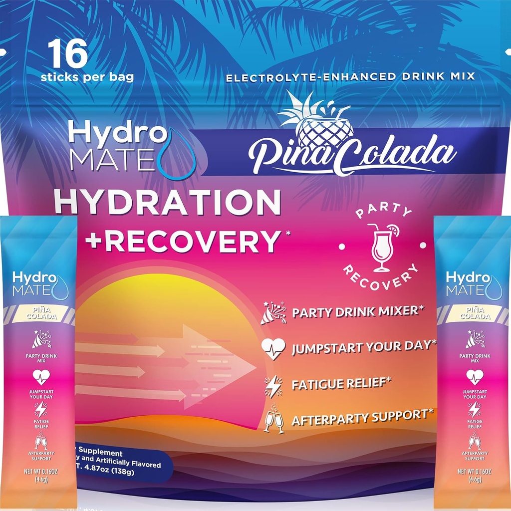 HydroMATE Electrolytes Powder Pawder Pineces Hydration Apcelerator low Sugar Party for Recolada Colada 16