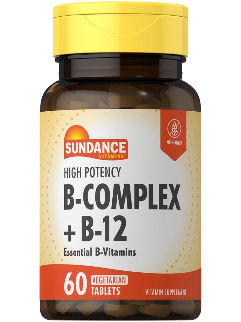 Sundance Vitamin B-Complex 124; dengan B12 124; 60 Tablet 12.4; Potency Tinggi 124; Vegetarian, Non- GMO, dan Gluten Free Supplemen