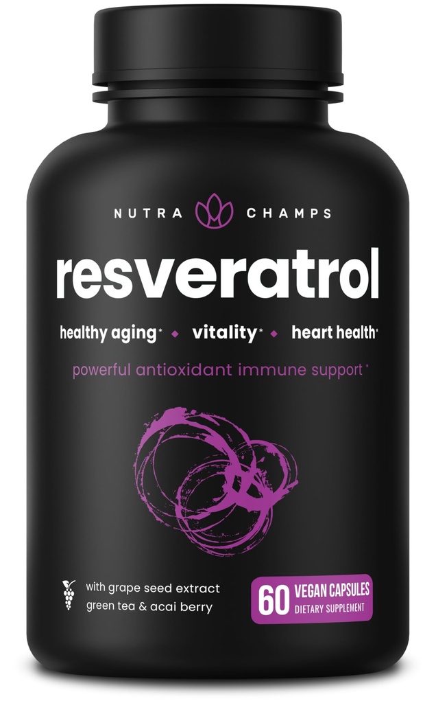 Suplemen Resveratrol NutraChamps, Formula Kekuatan Ekstra Untuk Penuaan Sehat, Dukungan Ammune, 60 Vegan Kapsul dengan Trans- Resveratrol, Daun Teh Hijau, Acai Berry & Grape Ekstrak Benih