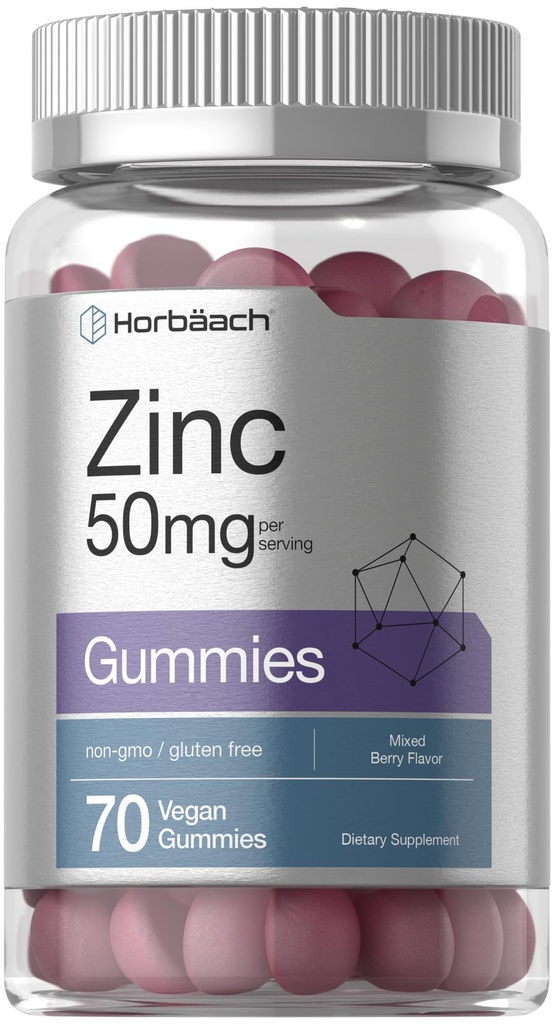 Horbäach Zinc 50mg 124; 70 Gumies = 124; Mixed Berry Flavor = 124; Vegan, Non-GMO dan Gluten Free Formula = 124; Zinc Citrate Dietary Supplemen