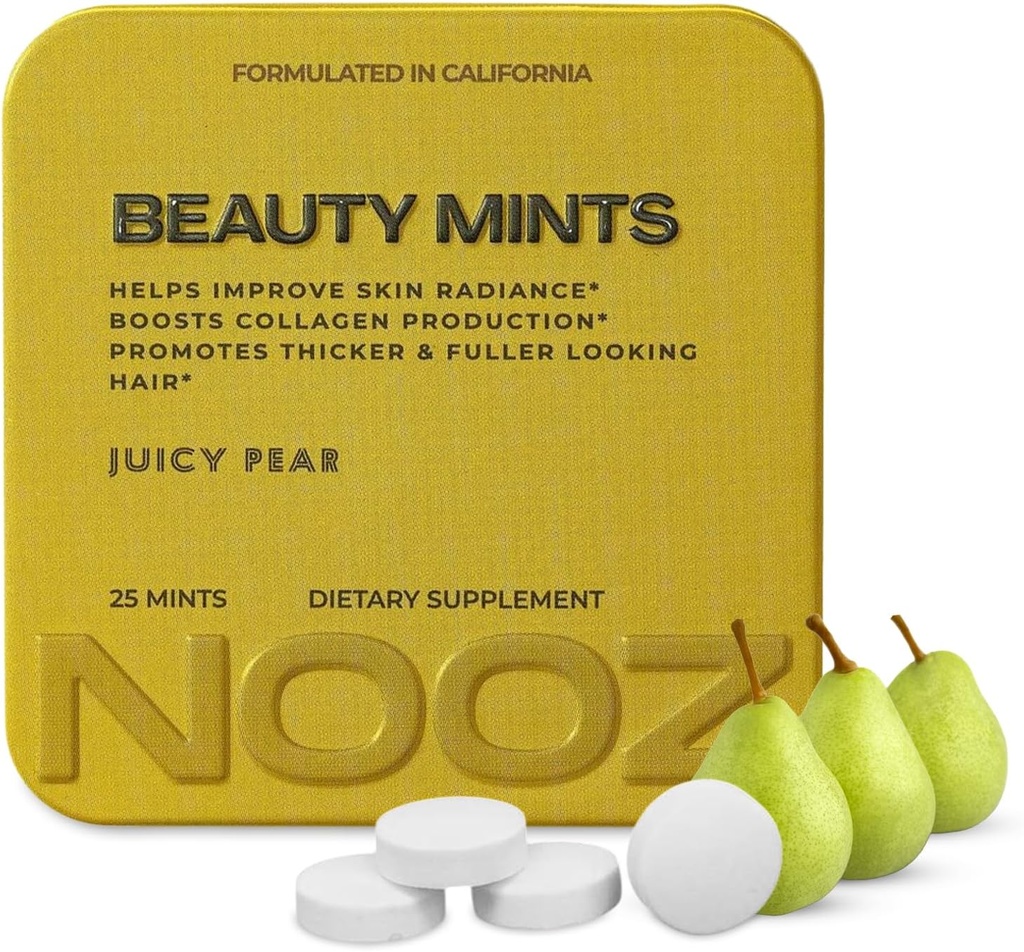 NOZ Beauty Mints - Sugar-Free Biotin Mint untuk Glowing Skin, Heally Hair & Strong Nails - Juicy Pear Flavor 124; Traveler -Friendly Suppports, Vitamin C, B6 & B12 124; Non-GMO, 25 Mints