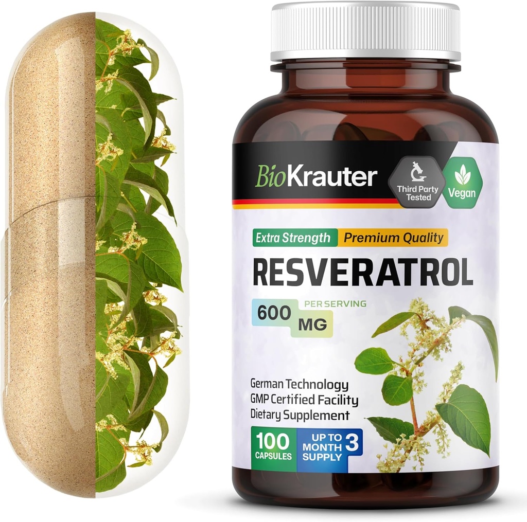 BIO KRAUTER Resveratrol Tambahan 600 mg - 100 Cacah - Sumber Antioksidant Alam - 98% Murni Trans Resveratrol Powder - Vegan