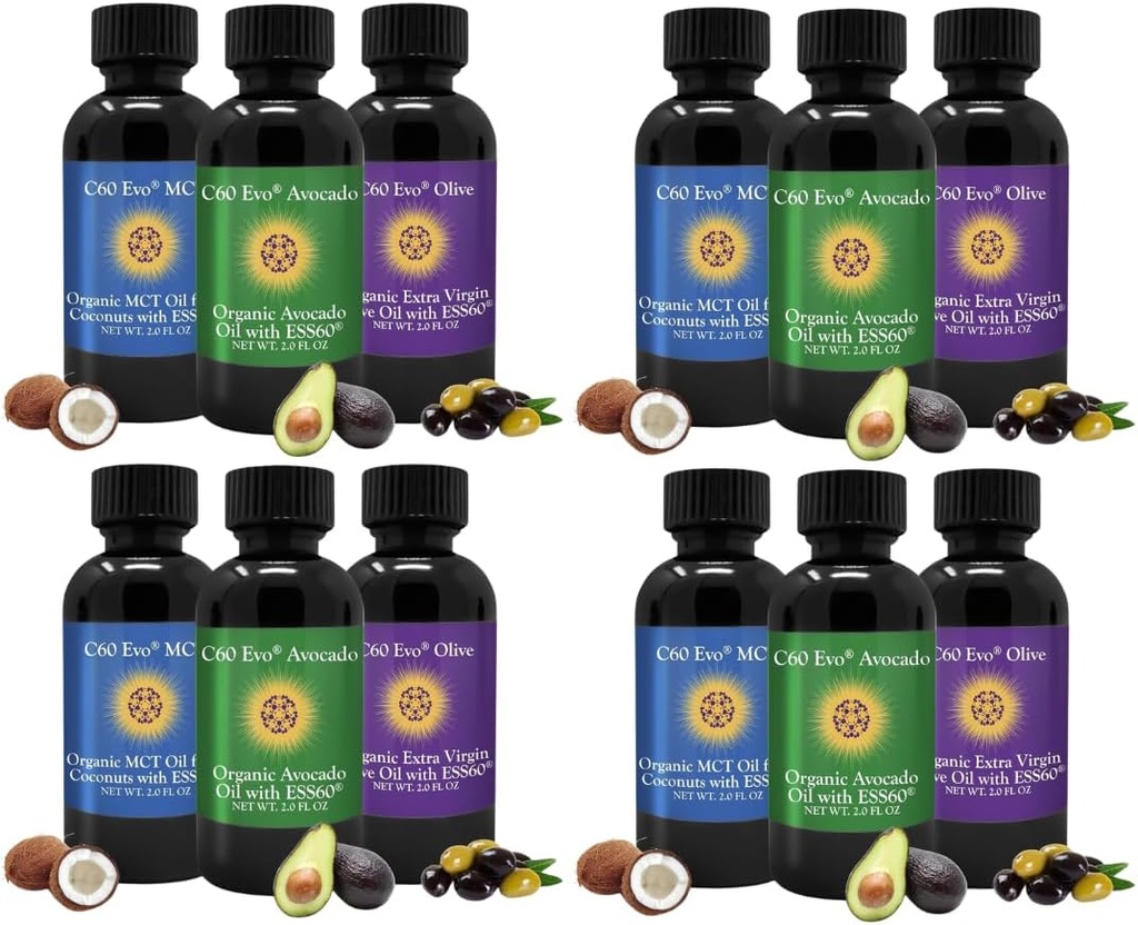 Semua Edible Natural Oil, Mini Oil Sampler Set dengan C60 Murni ESS60, Dukungan Ammune dan Dukungan Bersama dengan Olive Oil, Avocado Oil & MCT Coconut Oil, Set 12, 2 Oz Masing-masing