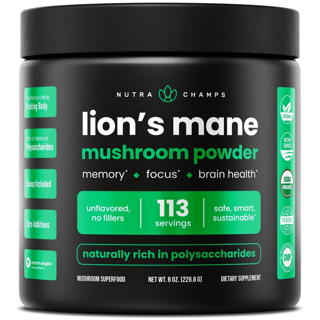 NutraChamps Organic Lions Mane Powder - 2000mg Powerful Nootropic for Memory, Focus, Ammune Dukung