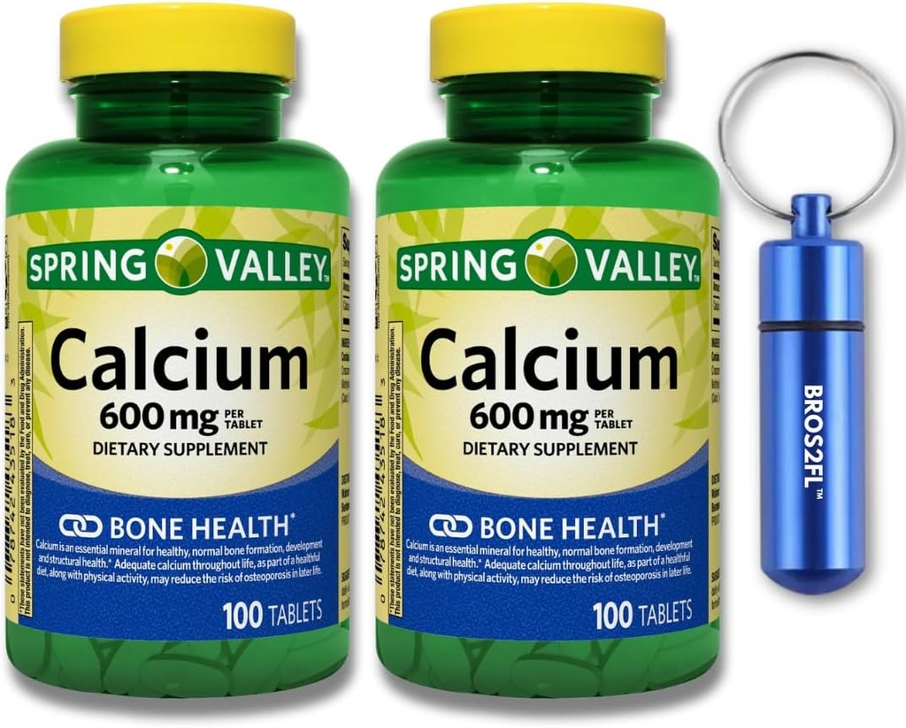 Tablet Suplemen Diet Tulang Kalsium, 600 mg, 100 Count (2-Pack) Bundle with BROS2FL Keychain Portabel Metal Pill Box (2 Item)