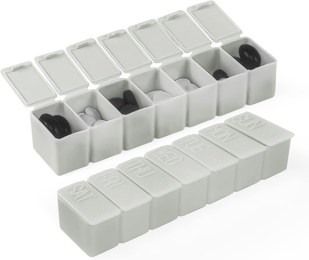 Weekly Small Pill Organizer, 7 Day Pill Case, Daily Vitamin Case Box, Pill Containers for Medicine Suplemen Fish Oil (2Pcs, Grey)