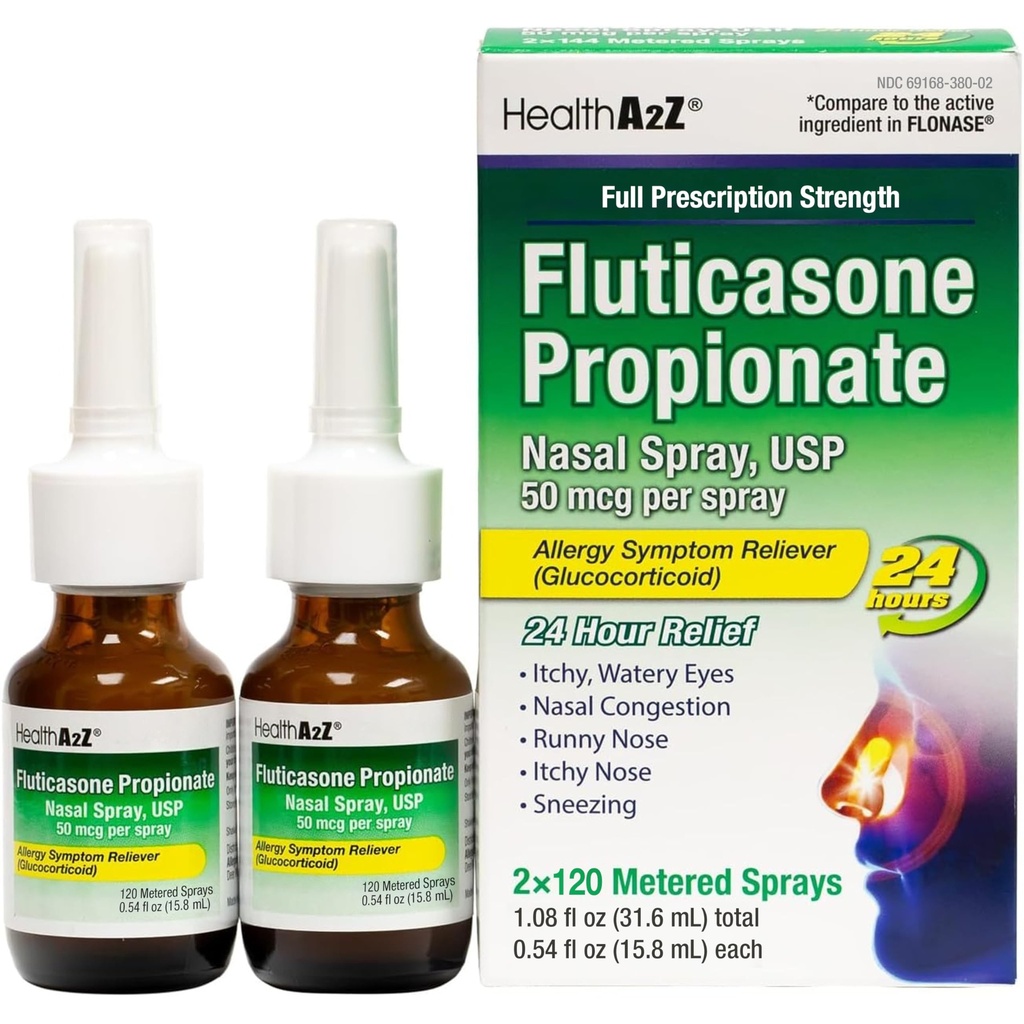 HealtA2Z ® Fluticasone Propionate Nasal Spray 124; Allery Relief 144; Runny Nose 124; Nasal Contraffic 124; Sneezing 124; Itchy Watery Eyes 124; 24 Hour Allergy Relief; 124; (2 Paket)