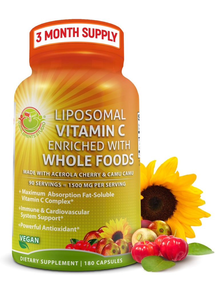 Lipomal Vitamin C Kapsule - 1500mg - Dibuat dengan Organik Acerola Cherries & Camu Camu, Potency Tinggi Vitamin C Lipomal - Imune Dukungan Suplemen, Enhanced Absorpsi & Biovavability - 180 Count