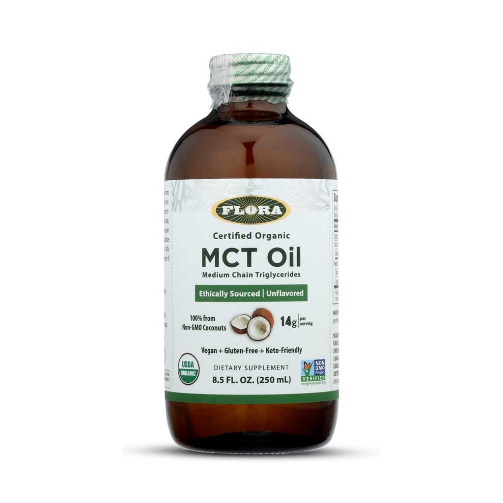 Flora - MCT Oil Certifikasi Organik - Mendukung Energi Otot & Kesehatan Otak - Berisi C8 Caprylic Acid & C10 Capric Acid - Non-GMO, Bebas, Vegan & Keto- Friendly - 8,5 kaki.