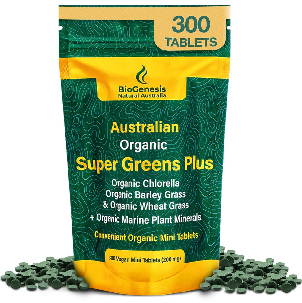 Biogenesis SuperGreens Plus Tablet - 300 Count (200 mg): 124; Unflashted Despity 124; Organic Chlorella, Wheatgrass & Barley Grass 124; Australia Grown 124; Supports Energy & Imunity