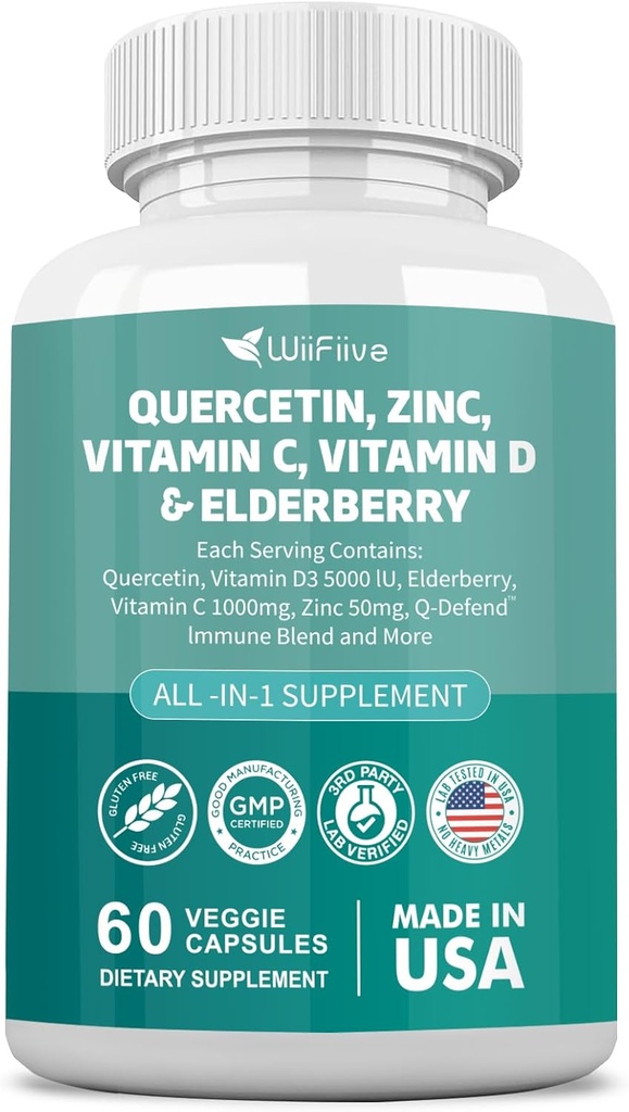 60 Count Quercetin 50 mg Zinc 1000 mg Vitamin C 5000 IU Vitamin D3 1000 mg Turmeric 1000 mg Elderberry dengan Q- Defend Immune Blend Reisshi Nettle Arteemisinin, Non-GMO, Free Support Health